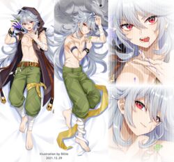  1boy ahoge belt billie_(meng_gong_fang) black_hood bone_necklace brown_belt clover dakimakura_(medium) four-leaf_clover genshin_impact green_pants grey_hair hood hood_up long_hair male_focus multiple_views pants razor_(genshin_impact) red_eyes scar scar_on_arm scar_on_face wolf wolf_boy wolfhook_(genshin_impact) wolfhook_juice_(genshin_impact) 