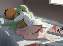  absurdres ass bad_anatomy barefoot bed bedroom c.c. cheese-kun code_geass cokeanut10 feet female food from_behind full_body green_hair half-closed_eyes highres holding holding_stuffed_toy hugging_object indoors legs light_particles long_hair looking_at_viewer looking_back lying no_pants on_bed on_side orange_eyes pizza pizza_box pizza_hut shirt stuffed_toy sunlight thighs white_shirt window 