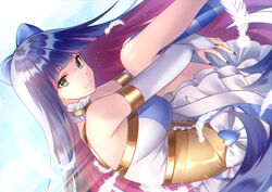  bare_shoulders blue_bow blue_eyes blue_nails blue_thighhighs bow breasts bridal_gauntlets choker colored_inner_hair commentary_request corset dress feathers female frilled_choker frills from_side gold_choker hairbow heart hugging_own_legs koyoka long_hair looking_at_viewer multicolored_hair nail_polish panty_&amp;_stocking_with_garterbelt single_thighhigh smile solo stocking_(psg) striped_clothes striped_thighhighs thighhighs two-tone_hair white_bow white_thighhighs 