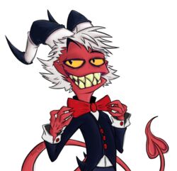  2020 3_fingers alpha_channel bow_tie claws clothed clothing coat demon digital_drawing_(artwork) digital_media_(artwork) fangs fingers front_view grin hair helluva_boss horn humanoid imp krolik long_tail looking_at_viewer male moxxie_(helluva_boss) not_furry portrait pose red_body red_skin sharp_teeth signature smile smirk solo spade_tail standing suit tail tailcoat teeth topwear white_hair yellow_eyes yellow_sclera 