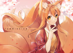  animal_ear_fluff animal_ears artist_name brown_eyes brown_hair commentary commission female fox_ears fox_tail hair_between_eyes jacket japanese_clothes kimono long_hair looking_at_viewer multiple_tails original red_jacket rirene_rn smile solo tail upper_body yellow_kimono 