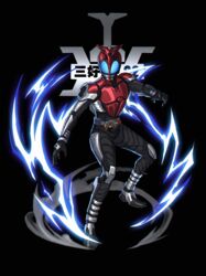  1boy 3ok absurdres armor beetle black_background black_footwear blue_eyes bug electricity fighting_stance finishing_move full_body highres imminent_kick kamen_rider kamen_rider_kabuto kamen_rider_kabuto_(series) male_focus powering_up rhinoceros_beetle rider_belt rider_kick shoes 