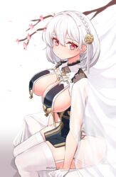  absurdres artist_name azur_lane bad_id bad_pixiv_id blush braid branch breast_curtains breasts cherry_blossoms china_dress chinese_clothes cleavage commentary dress expressionless female flower garter_belt gloves hair_flower hair_ornament highres large_breasts looking_at_viewer narynn official_alternate_costume on_bed pink_eyes revealing_clothes see-through short_hair sirius_(azur_lane) sirius_(azure_horizons)_(azur_lane) sitting solo sparkle thighhighs twitter_username white_gloves white_hair white_thighhighs 