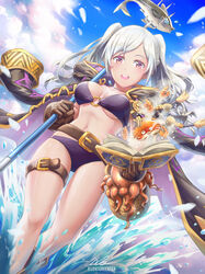  belt bikini book breasts brown_gloves burnt_green_tea clam cleavage coat crab female fire_emblem fire_emblem_awakening fire_emblem_heroes fish gloves grey_hair grimoire highres jacket jacket_on_shoulders looking_at_viewer magic o-ring o-ring_bikini octopus open_mouth purple_bikini robin_(female)_(fire_emblem) robin_(female)_(summer)_(fire_emblem) robin_(fire_emblem) shrimp smile solo splashing swimsuit thigh_strap twintails water witch 