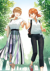  2girls ^_^ absurdres brown_hair closed_eyes commentary_request couple cover cover_image day edamoto_haru highres holding_hands long_skirt multiple_girls nakatani_nio official_art orange_hair outdoors ponytail saeki_sayaka skirt sky smile tree yagate_kimi_ni_naru yagate_kimi_ni_naru:_saeki_sayaka_ni_tsuite yuri 