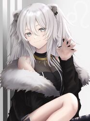  absurdres animal_ears bad_id bad_pixiv_id black_jacket black_nails black_shirt breasts claw_pose cleavage commentary earrings female fur-trimmed_jacket fur_trim grey_background grey_eyes grey_hair hair_between_eyes hand_up highres hololive jacket jewelry large_breasts lion_ears long_hair long_sleeves looking_at_viewer nail_polish necklace see-through see-through_cleavage shirt shishiro_botan shishiro_botan_(1st_costume) smile solo two_side_up virtual_youtuber wozuya 