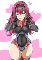  30_minutes_sisters ass_visible_through_thighs black_gloves black_hairband black_leotard black_thighhighs blush breasts cosplay covered_navel covered_nipples fangs female gloves hair_intakes hairband heart koishikawa_emma leotard long_hair open_mouth red_hair sankakukin_gear solo sousai_shoujo_teien thighhighs tiasha_(30ms) tiasha_(30ms)_(cosplay) white_background wide_hips 