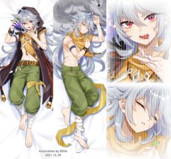  1boy ahoge belt billie_(meng_gong_fang) black_hood bone_necklace brown_belt clover dakimakura_(medium) four-leaf_clover genshin_impact green_pants grey_hair hood hood_up long_hair male_focus multiple_views pants razor_(genshin_impact) red_eyes scar scar_on_arm scar_on_face wolf wolf_boy wolfhook_(genshin_impact) wolfhook_juice_(genshin_impact) 