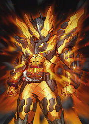  1boy abs armor aura belt black_armor bodysuit build_driver clenched_hands commentary_request cross-z_magma dragon fire glowing glowing_bodysuit highres kamen_rider kamen_rider_build_(series) kamen_rider_cross-z lava magma_knuckle male_focus onion_maru orange_bodysuit pauldrons shoulder_armor solo western_dragon yellow_eyes 