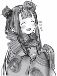  :d bad_id bad_pixiv_id blunt_bangs blush braid braided_bun closed_eyes dot_nose double_bun female flower greyscale hair_bun hair_flower hair_ornament hands_up highres hololive hololive_english japanese_clothes kimono long_hair long_sleeves mole mole_under_eye monochrome nanashi_(nlo) ninomae_ina&#039;nis ninomae_ina&#039;nis_(new_year) oerba_yun_fang official_alternate_costume official_alternate_hairstyle open_mouth pointy_ears scarf sidelocks simple_background skin_fang smile solo very_long_hair virtual_youtuber white_background 