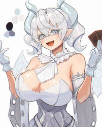  breasts card cleavage demon_girl demon_horns demon_wings dress duel_monster female gloves grey_eyes holding holding_card horns large_breasts looking_at_viewer lovely_labrynth_of_the_silver_castle low_wings moppo multiple_wings oerba_yun_fang open_mouth pointy_ears skin_fang smile solo trading_card twintails white_hair white_horns wings yu-gi-oh! 