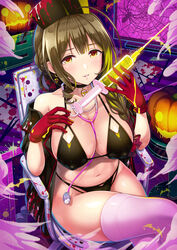  ahoge bare_shoulders bat_(animal) between_breasts bikini black_bikini black_choker black_hat black_jacket blush bow braid breasts brown_hair bug chair choker cleavage collarbone commentary_request covered_nipples crossed_legs desk drawer earrings feet_out_of_frame female gloves glowing groin hair_over_shoulder hairbow halloween halloween_costume halterneck hands_up hat heart heart_earrings highres holding holding_syringe idolmaster idolmaster_shiny_colors indoors jack-o&#039;-lantern jacket jewelry kuwayama_chiyuki large_breasts long_hair looking_at_viewer monitor navel nurse nurse_cap off_shoulder office_chair open_clothes open_jacket paint paint_in_hair paint_on_clothes paint_splatter paper parted_lips pendant pumpkin red_bow red_gloves scalpel scissors short_sleeves silk single_braid sitting smile smoke solo spider spider_web stethoscope stomach stool string_bikini swimsuit swivel_chair syringe thighhighs tweezers urabi_(tomatohouse) white_thighhighs yellow_eyes 