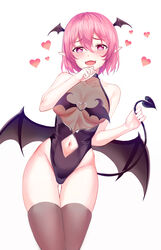  :d absurdres bare_arms bare_shoulders black_leotard breasts brown_thighhighs clothing_cutout commentary cowboy_shot demon_girl demon_tail demon_wings fangs female groin head_wings heart heart-shaped_pupils highleg highleg_leotard highres holding_own_tail large_breasts leotard looking_at_viewer lucid_(maplestory) maplestory muyang naughty_face navel navel_cutout open_mouth pink_eyes pink_hair pointy_ears revealing_clothes see-through short_hair sidelocks simple_background smile solo standing symbol-only_commentary symbol-shaped_pupils tail thigh_gap thighhighs thighs white_background wings 