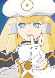  aqua_eyes big_hair blonde_hair blue_eyes blue_lips commentary_request dianna_soreil emblem female gloves gundam hair_ornament hat lipstick long_sleeves makeup mitsutsu322 portrait sign smile solo turn_a_gundam uniform white_gloves 