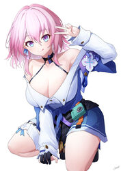  :p archery_shooting_glove armpit_crease armpit_peek black_choker black_corset black_footwear blue_eyes blue_jacket blue_skirt blush breasts camera choker cleavage closed_mouth collarbone collared_shirt corset earrings female flower_ornament full_body gloves hair_between_eyes hand_up highres honkai:_star_rail honkai_(series) jacket jewelry large_breasts long_sleeves march_7th_(honkai:_star_rail) march_7th_(preservation)_(honkai:_star_rail) medium_hair multicolored_eyes off_shoulder partially_fingerless_gloves pink_hair pleated_skirt shirt shirt_straps signature simple_background single_earring skirt sleeve_cuffs solo squatting tied_jacket tongue tongue_out two-tone_eyes v white_background white_shirt xfate 