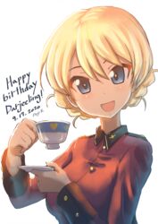  :d artist_name blonde_hair blue_eyes braid character_name commentary cup darjeeling_(girls_und_panzer) dated english_text epaulettes female girls_und_panzer happy_birthday highres holding holding_cup holding_saucer insignia jacket kuroneko_douji long_sleeves looking_at_viewer military military_uniform open_mouth red_jacket saucer short_hair simple_background smile solo st._gloriana&#039;s_military_uniform teacup tied_hair twin_braids uniform white_background 