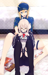  2girls absurdres ahoge artoria_pendragon_(fate) barefoot baseball_cap bike_shorts blonde_hair blue_eyes box duplicate fate/grand_order fate_(series) food glasses hat highres jacket kurogiri multiple_girls mysterious_heroine_x_alter_(fate) mysterious_heroine_x_alter_(second_ascension)_(fate) mysterious_heroine_xx_(fate) name_tag package pixel-perfect_duplicate pocky ponytail sitting thigh_strap thighhighs track_jacket yellow_eyes 