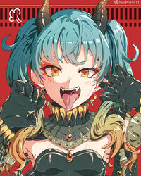  absurdres alternate_costume aqua_hair armpit_peek bad_id bad_pixiv_id black_dress black_gloves blush breasts claw_pose clothing_request commentary crossed_bangs detached_sleeves dress earrings fangs female gloves gradient_hair hands_up hatsune_miku highres horns itogari jewelry long_hair long_sleeves looking_at_viewer multicolored_hair necklace open_mouth orange_hair pendant puff_of_air red_background salamander_(vocaloid) sidelocks small_breasts smile solo strapless strapless_dress teeth tongue tongue_out twintails twitter_username upper_body uvula vocaloid 