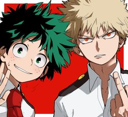  2boys bakugou_katsuki blonde_hair blush boku_no_hero_academia commentary_request eyebrows_hidden_by_hair freckles green_eyes green_hair komiya_harumoto looking_at_viewer male_focus messy_hair middle_finger midoriya_izuku multiple_boys necktie orange_eyes red_background red_necktie school_uniform scowl smile spiked_hair sweatdrop u.a._school_uniform upper_body v-shaped_eyebrows waving 