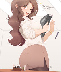  1boy ;d ass black_hair bracelet breasts brown_eyes brown_hair brown_skirt computer cubicle desk dropping earrings english_text female from_behind from_below giant giantess highres holding holding_notepad indoors jewelry large_breasts long_hair looking_down mole mole_under_eye notepad office_lady one_eye_closed open_mouth original panties pantyhose pantylines pen pencil_skirt plant raps_(yohomeboyraps) shirt size_difference skirt smile thighs underwear white_shirt 