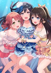  3girls absurdres azuna_(love_live!) black_hair blue!_(love_live!) blue_eyes blush breasts brown_hair bubble collarbone commentary cream_(nipakupa) earrings green_eyes grey_eyes group_hug hair_bun hair_ornament hair_ribbon half_updo highres hug jewelry looking_at_viewer love_live! love_live!_nijigasaki_high_school_idol_club medium_breasts medium_hair multiple_girls one_side_up orange_hair osaka_shizuku ribbon sidelocks single_side_bun smile uehara_ayumu underwater yuki_setsuna_(love_live!) 