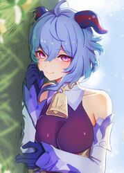  ahoge bare_shoulders bell blue_gloves blue_hair breasts detached_sleeves female ganyu_(genshin_impact) genshin_impact gloves grass highres horns long_hair looking_at_viewer lying medium_breasts neck_bell on_side purple_eyes sidelocks smile solo sukoyaka93 upper_body white_sleeves 