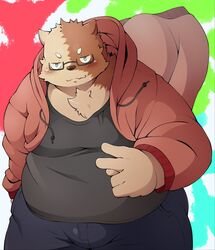  2020 anthro bear belly blush bottomwear clothing eyewear glasses hi_res hoodie humanoid_hands kemono male mammal overweight overweight_anthro overweight_male pants pomupomu490 shirt solo topwear 