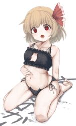  absurdres bangs barefoot black_bra black_panties blonde_hair blush bra cat_lingerie commentary_request cookie_(touhou) eyebrows_visible_through_hair female flat_chest full_body hair_between_eyes hair_ribbon highres looking_at_viewer manatsu_no_yo_no_inmu meme_attire miura_cat nadeko_(cookie) navel oerba_yun_fang open_mouth panties red_eyes red_ribbon ribbon rumia seiza short_hair side-tie_panties sitting skin_fang solo tail_or touhou underwear white_background 