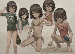  backpack bag bikini brown_bikini brown_eyes brown_hair casual_one-piece_swimsuit feet_out_of_frame female flat_chest full_body green_shirt hair_between_eyes highres looking_at_viewer messy_hair multiple_views one-piece_swimsuit original pink_swimsuit shion_(mirudakemann) shirt shoes_removed short_hair side-tie_bikini squatting swimsuit swimsuit_under_clothes t-shirt trowel 