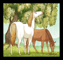  animal animal_focus black_border blue_sky border chinese_zodiac day grass hill horse no_humans original outdoors plant signature sky takigraphic tree white_horse year_of_the_horse 