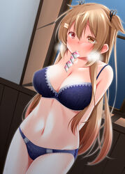  blue_bra blue_panties blush bra breasts brown_eyes condom condom_in_mouth condom_packet_strip condom_wrapper female hair_flaps heterochromia indoors kantai_collection large_breasts light_brown_hair long_hair mouth_hold murasame_(kancolle) murasame_kai_ni_(kancolle) narukami_ginryuu navel panties red_eyes solo standing two_side_up underwear underwear_only 