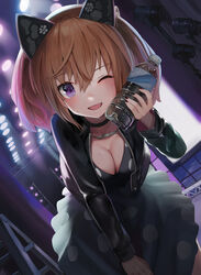  absurdres alice_gear_aegis bottle breasts brown_hair choker cleavage commentary_request dress dutch_angle female hair_between_eyes highres jacket jewelry kimikage_yui large_breasts leaning_forward leather leather_jacket long_sleeves looking_at_viewer medium_hair nail_polish necklace oerba_yun_fang one_eye_closed open_clothes open_jacket polka_dot polka_dot_dress purple_eyes solo stage sunga2usagi sweat water_bottle 