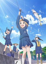  5girls :d backpack bag black_hair black_legwear blue_eyes blue_jacket blue_skirt blue_sky boots box brown_eyes brown_hair bucket building cloud day dock door fish fishing fishing_line fishing_lure fishing_rod garage glasses green_sweater hat highres hodaka_natsumi holding holding_fishing_rod houkago_teibou_nisshi house jacket key_visual kotani_sayaka kuroiwa_yuuki lab_coat lens_flare multiple_girls oerba_yun_fang official_art oono_makoto opaque_glasses open_mouth outdoors pleated_skirt power_lines promotional_art road school_uniform shoes sitting skirt sky smile socks sparkle standing sun sun_hat sweater tree tsurugi_hina water water_drop white_legwear 