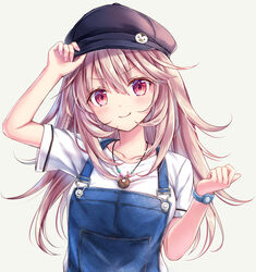  adjusting_clothes adjusting_headwear arm_up bad_id bad_pixiv_id c: cabbie_hat clenched_hand collarbone commentary_request denim eyes_visible_through_hair female grey_hair hair_between_eyes hat head_tilt jeans jewelry long_hair looking_at_viewer nail_polish necklace original overalls pants red_eyes sidelocks simple_background smile solo suspenders suyamori watch white_background wristwatch 