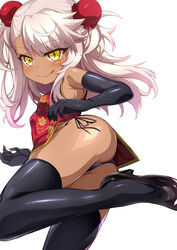  ass bare_shoulders black_footwear black_gloves black_panties black_thighhighs blush breasts bun_cover china_dress chinese_clothes chloe_von_einzbern closed_mouth dark-skinned_female dark_skin double_bun dress elbow_gloves fate/kaleid_liner_prisma_illya fate_(series) female gloves hair_bun high_heels highres leg_up licking_lips long_hair looking_at_viewer panties pelvic_curtain pink_hair red_dress shimejinameko simple_background small_breasts smile solo swept_bangs thighhighs thighs tongue tongue_out underwear white_background yellow_eyes 