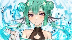  absurdres blush double_bun eyeshadow female finana_ryugu finana_ryugu_(2nd_costume) fins fish_girl green_hair hair_bun head_fins highres long_hair looking_at_viewer makeup naokomama nijisanji nijisanji_en official_alternate_costume open_hand parted_lips portrait purple_eyes red_eyeshadow smile solo straight-on twintails virtual_youtuber 