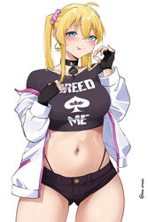  :p absurdres ahoge black_choker black_shirt black_shorts blonde_hair blue_eyes blush breasts character_request choker clothes_writing commentary commission copyright_request cowboy_shot crop_top earrings female hair_between_eyes highleg highleg_panties highres jacket jewelry large_breasts long_hair long_sleeves looking_at_viewer micro_shorts midriff navel off_shoulder panties pinepin queen_of_spades_symbol shirt shorts simple_background smile solo spade_(shape) spade_earrings standing stomach thighs tongue tongue_out twintails underwear white_background white_jacket 