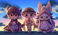  anthro chibi clothed clothing cloud cybernetic_arm cybernetic_limb cybernetics cyborg eyewear female fur glasses group hi_res human lagomorph looking_at_viewer machine made_in_abyss male mammal nanachi narehate open_mouth open_smile reg_(made_in_abyss) riko_(made_in_abyss) smile standing tan_body tan_fur uno_yuuji 