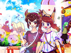  1boy 3girls :d alternate_color bag bench black_hair black_shirt black_skirt blue_sky blush breasts brendan_(pokemon) brown_hair building chandelure cloud cloudy_sky commentary_request confetti cosplay couple curtains day drifloon floating green_hair handbag happy hibikileon holding holding_paper hoopa hoopa_(cosplay) horns litwick long_hair may_(pokemon) medium_hair mimikyu mimikyu_(cosplay) multiple_girls oerba_yun_fang open_mouth outdoors paper pink_skirt pokemon pokemon_adventures pumpkaboo shirt side_ponytail skirt sky small_breasts smile straight white_shirt 