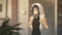  1boy ahoge bare_shoulders black_hair black_shirt black_shorts curtains facial_mark forehead_mark genshin_impact highres holding holding_towel indoors male_focus multicolored_hair n.s.egg plant shirt shorts sidelocks sleeveless sleeveless_shirt solo streaked_hair towel towel_on_head upper_body xiao_(genshin_impact) yellow_eyes 