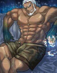  1boy abs aegir_(housamo) aqua_hair bara beard blue_eyes bulge crossed_legs cup dark-skinned_male dark_skin facial_hair feet_out_of_frame fingernails fins fish_boy frown holding holding_cup male_focus mature_male multicolored_hair muscular muscular_male nipples open_clothes open_shorts pectorals sharp_fingernails sharp_teeth shiratori_yokikana short_hair shorts sitting smirk solo stomach streaked_hair teeth tokyo_afterschool_summoners topless_male white_hair 