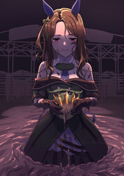  absurdres animal_ears bare_shoulders blush bow brown_gloves brown_hair coat collared_shirt crown crying dirty dirty_clothes dirty_face dirty_hands ear_covers esubui female gloves green_coat highres holding holding_crown horse_ears king_halo_(umamusume) medium_hair mud off-shoulder_coat off_shoulder red_eyes shirt smile solo starting_gate streaming_tears tears umamusume 