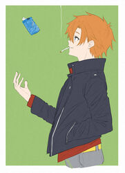  black_jacket blue_eyes chains cigarette cigarette_pack commentary female green_background grey_pants hair_between_eyes hand_in_pocket highres isshiki_(ffmania7) jacket long_sleeves looking_away mouth_hold nakao_azuma nijisanji open_clothes open_jacket orange_hair pants parted_lips profile red_shirt shirt smoke smoking solo symbol-only_commentary two-tone_background virtual_youtuber white_background 