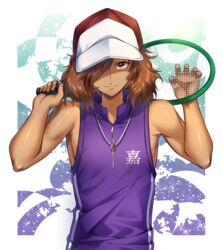  1boy bare_arms bare_shoulders baseball_cap brown_eyes brown_hair closed_mouth commentary_request dark-skinned_male dark_skin hair_over_one_eye hands_up hat holding jewelry kai_yuujirou koyoka looking_at_viewer male_focus medium_hair necklace purple_shirt racket red_hat ring ring_necklace shirt sleeveless sleeveless_shirt smile solo tennis_no_ouji-sama tennis_racket upper_body white_hat 