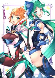  2girls :d aegis_sword_(xenoblade) ass back-to-back blonde_hair breasts cosplay costume_switch cowboy_shot fiora_(xenoblade) fiora_(xenoblade)_(cosplay) gloves green_eyes green_hair halloween highres large_breasts leotard long_hair looking_at_viewer mecha-fiora mecha-fiora_(speed_cowling) medium_breasts monado multiple_girls open_mouth pneuma_(xenoblade) pneuma_(xenoblade)_(cosplay) ponytail risumi_(taka-fallcherryblossom) smile spoilers swept_bangs sword thighhighs very_long_hair weapon xenoblade_chronicles_(series) xenoblade_chronicles_1 xenoblade_chronicles_2 