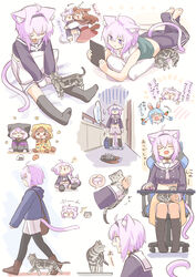  3girls :3 ahoge animal_collar animal_ear_fluff animal_ears black_collar black_hairband black_pantyhose black_shirt black_socks blouse buttons cat_ears cat_girl cat_tail chibi chibi_inset collar commentary_request crop_top dazed double-breasted feline hair_between_eyes hairband highres hololive inugami_korone multiple_girls multiple_views neckerchief nekomata_okayu nekomata_okayu_(casual) official_alternate_costume pantyhose ponono purple_eyes purple_hair sailor_collar school_uniform serafuku shirt short_hair shorts socks solo_focus squeans tail temari_(nekomata_okayu) translated usada_pekora virtual_youtuber white_neckerchief white_shorts 