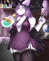  4:5 anthro bat breasts cauldron charlotte_corvinus_(charliecorvinus) clothing dress eyewear female garter_straps glasses hair hi_res legwear magic_user mammal megabat ninnasaurio nipple_outline potion purple_hair rule_63 solo thigh_highs wand witch 