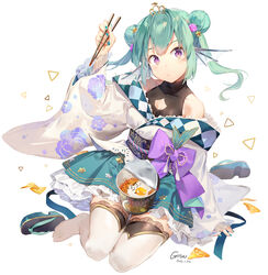  breasts chips_(food) chopsticks cleavage cleavage_cutout clothing_cutout collarbone commentary cup_ramen doritos double_bun egg_(food) english_commentary female finana_ryugu finana_ryugu_(2nd_costume) fins fish_girl food fried_egg full_body gilse green_hair green_skirt hair_bun head_fins head_tilt head_wings highres holding holding_chopsticks japanese_clothes kimono korean_fire_noodles korean_text medium_breasts nijisanji nijisanji_en off_shoulder official_alternate_costume official_art purple_eyes sandals skirt solo tabi thighhighs tiara twintails virtual_youtuber white_background white_kimono wings 