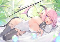  black_thighhighs blush breasts covered_navel demon_girl demon_horns demon_tail demon_wings detached_sleeves dress ear_piercing female fingernails hair_between_eyes heart heart-shaped_pupils horns large_breasts looking_at_viewer lying nail_polish noy oerba_yun_fang open_mouth original piercing pink_hair pink_nails plant pointy_ears purple_eyes purple_hair short_hair sideboob solo symbol-shaped_pupils tail thighhighs torn_wings white_dress wings 