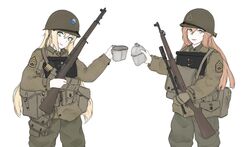  2girls bad_id bad_pixiv_id blonde_hair bolt_action canteen canteen_cup combat_helmet commentary fte_(fifteen_199) girls&#039;_frontline gloves green_eyes gun helmet highres holding holding_gun holding_weapon long_hair looking_at_viewer m1903_springfield m1_garand m1_garand_(girls&#039;_frontline) m1_helmet military military_uniform multiple_girls orange_hair rifle scope sniper_rifle springfield_(girls&#039;_frontline) uniform united_states weapon white_background world_war_ii 